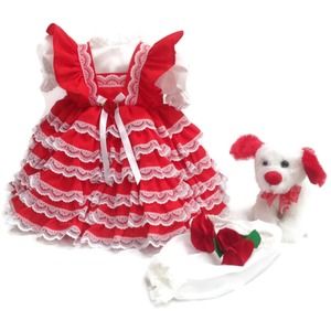 Red RUFFLED Custom Doll Dress Bundle with Puppy Dog Toy, Headband and Panties